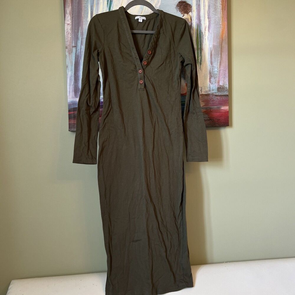 James Perse Sz 2 Olive Button Midi/Maxi Dress V-neck Cotton/see Details